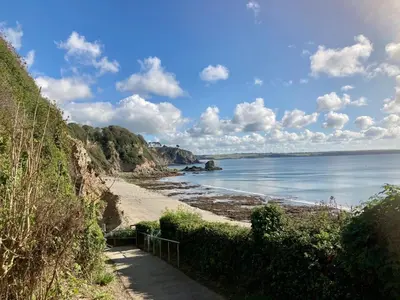 a path leading to a beach with the ocean at Stunning Apartment, balconies, private beach, coast path in Charlestown