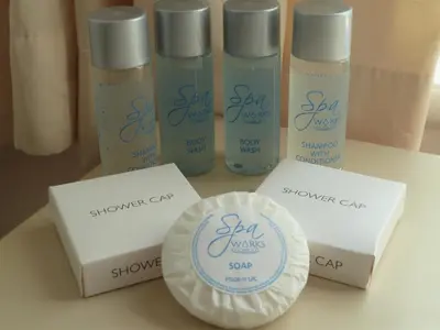 a group of four bottles of soap and a prize at Grey Mullet Guest House in St Ives