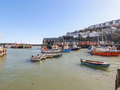 a group of boats are docked in a harbor at Sea View in Mevagissey