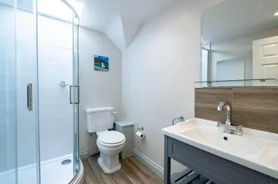 a bathroom with a toilet and a sink and a shower at Gulls Roost, Port Isaac Bay Holidays in Port Isaac