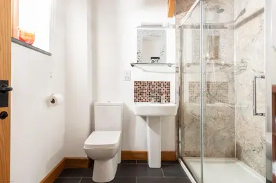 a bathroom with a toilet and a shower at East Trenean Farm Cottages -4 Luxury Cornish Cottages sleeping 20 with hot tubs, private gardens, rural views and EV facilities in Looe