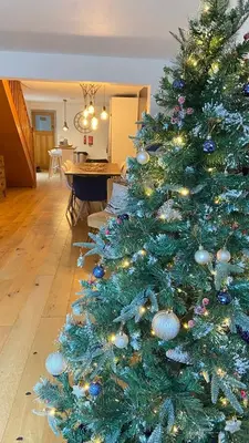 a green christmas tree in a living room at Tregenna House - St Ives, A Beautiful Newly Refurbished 4 Bedroom Family Town House With Alfresco Dining Garden and Private Parking Spaces in St Ives