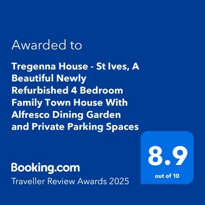 a screenshot of a cell phone with the text upgraded to texanna house st lives at Tregenna House - St Ives, A Beautiful Newly Refurbished 4 Bedroom Family Town House With Alfresco Dining Garden and Private Parking Spaces in St Ives