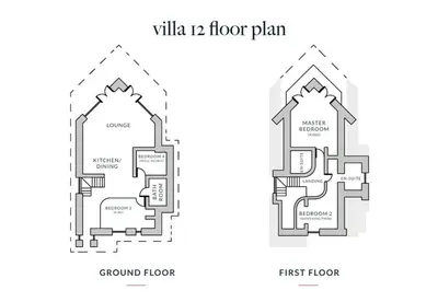 two black and white floor plans of a villa eq floor plan at Trewhiddle Retreat V12 by Together Travel - Luxury 4-Bedroom Villa in St Austell