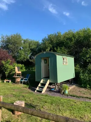 a green shed in a yard next to a fence at Silverspring Glamping The Shepherds Hut in Constantine