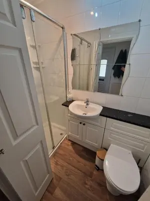 a bathroom with a toilet and a sink and a shower at Cosy Self Contained Annexe in Bodmin