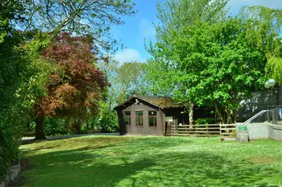 a smallshed in the middle of a yard with trees at 15 Trevithick Court, Tolroy Manor in Hayle