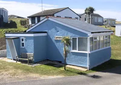 a blue house with a palm tree in front of it at D34 Homeleigh, Riviere Towans in Hayle