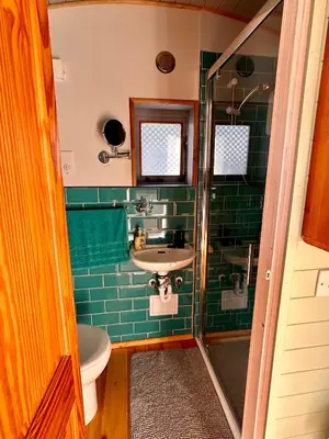 a bathroom with a sink and a toilet and a shower at Fry’s Carriage in Scorrier