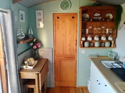 a kitchen with a sink and a wooden door at Fry’s Carriage in Scorrier