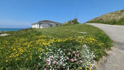 a house on the side of a hill with flowers at E14 Sea Haven, Riviere Towans in Hayle