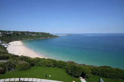 an aerial view of a beach and the ocean at Glas Mor in Carbis Bay
