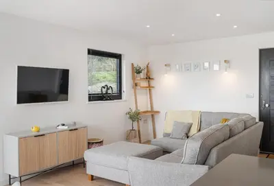 a living room with a couch and a tv at Poppyfields in Germoe