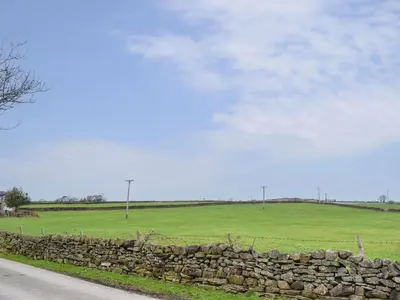 a stone wall next to a field and a road at Trelawney Cottage in Charlestown