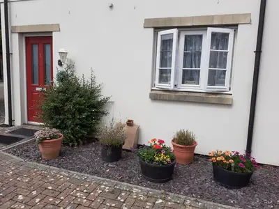 a group of potted plants in front of a house at Cozy Courtyard Apt Explore & Relax Free Parking in Bodmin