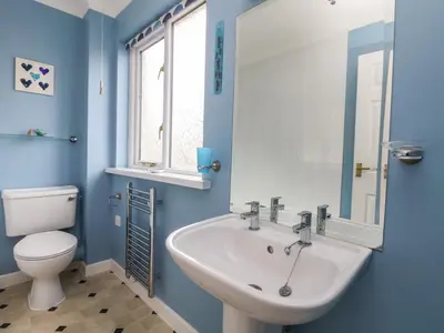 a bathroom with a white sink and a toilet at Mulberry Cottage in Falmouth