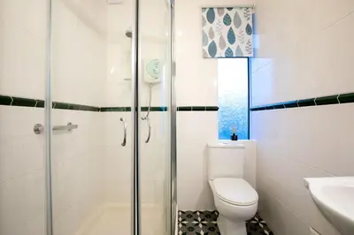 a bathroom with a shower and a toilet and a sink at Oystercatcher - Mount Brioni in Downderry