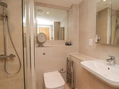 a bathroom with a shower and a toilet and a sink at Monowai Heights in St Ives