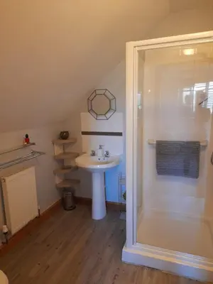 a bathroom with a sink and a shower at 3 bed Lodge with EV point in Truro