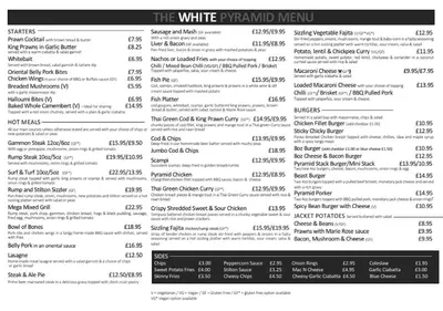 a menu of the white pyramid menu at White Eden - explore Cornwall from a comfy central appartment in St Austell