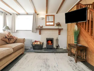 a living room with a couch and a fireplace at Mole Cottage in Liskeard