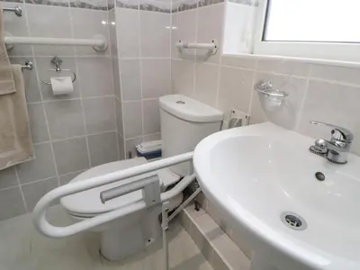 a bathroom with a toilet and a sink at Sycamores in Liskeard