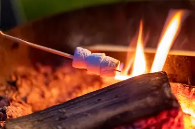 a piece of food on a stick cooking on a grill at Luxury Glamping Cabin with Outdoor Bath on Cornish Meadow in Truro