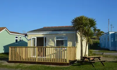 a tiny house with a picnic table and a palm tree at F40 Bayford, Riviere Towans in Hayle