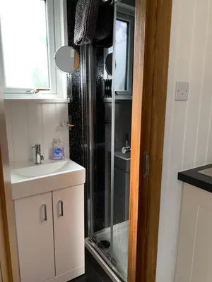 a bathroom with a shower with a sink and a mirror at Tides Reach, Deluxe Shepherds hut 1, 100m from the Beach in St Merryn