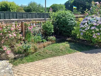 a garden of flowers next to a fence at Woodbine Cottage in Falmouth
