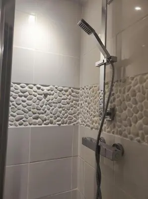 a shower with a shower head in a bathroom at Pleasant streams Barn in St Austell