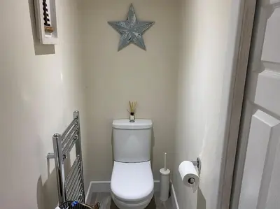 a bathroom with a toilet with a star on the wall at The Little Loft St Ives in St Ives