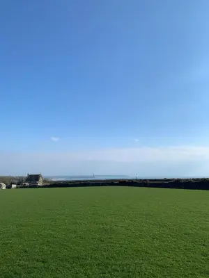 a large field of green grass with a blue sky at Ewe With A View Sea View Shepherds Huts in Breage