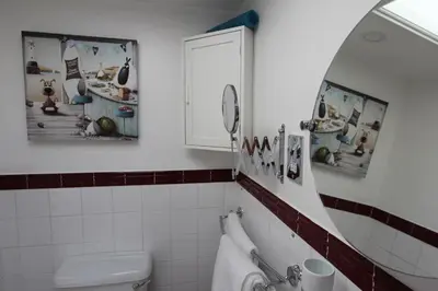 a bathroom with a toilet and pictures on the wall at Ginentonic Cottage in Saint Keverne
