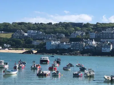 a group of boats in the water near a beach at Little Haven St Ives - with parking in St Ives