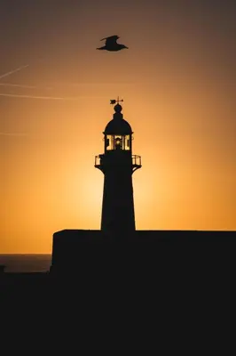 a lighthouse at sunset with a bird flying over it at Holiday Home Dolphin Cottage by Interhome in Mevagissey