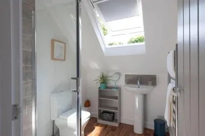a bathroom with a toilet and a sink and a skylight at The Studio, Rosebud. 5 minutes walk to beach. in Uny Lelant