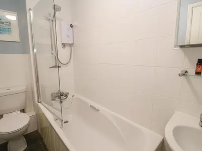 a bathroom with a shower and a toilet and a sink at Bumbles in Padstow