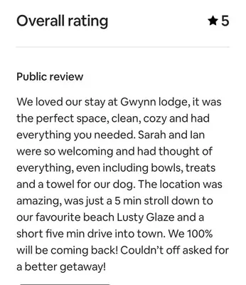 a screenshot of a text message about a dog at Gwynn Lodge in Newquay