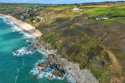 an aerial view of a beach and the ocean at Finest Retreats - Lesceave Cottage in Praa Sands