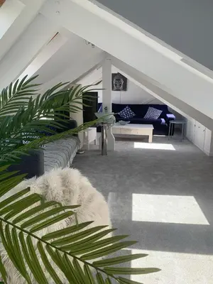 a living room with a couch and a palm plant at Harbour View in St Ives