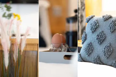 two pictures of a table with flowers and a vase at Little Waves in St Ives