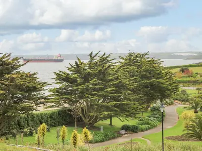a large container ship in the water with trees at Sebastian's View in Falmouth